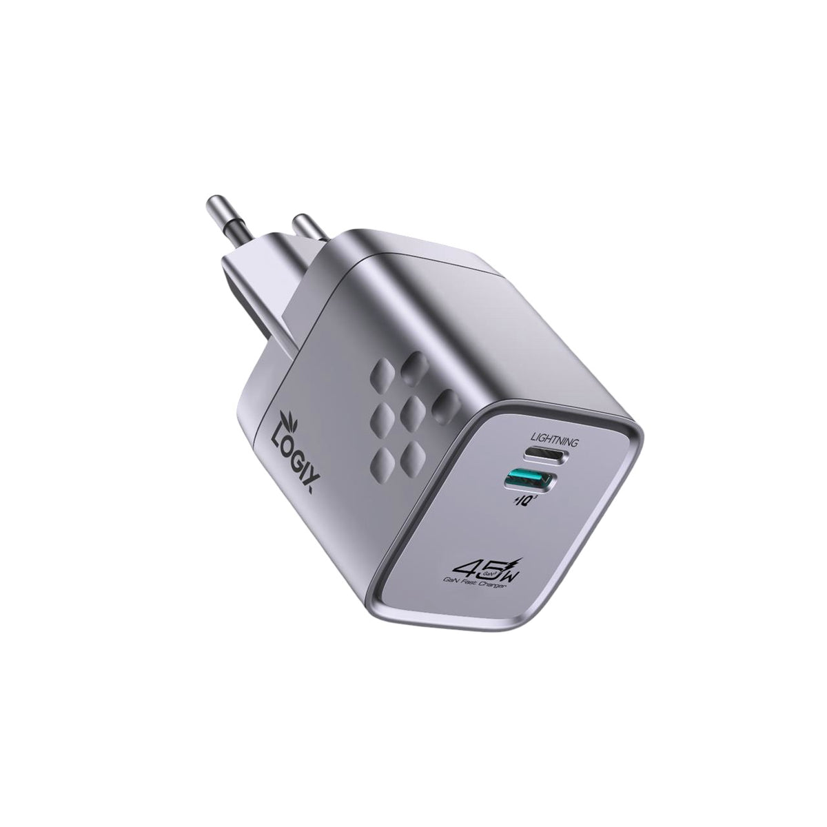 Silver travel adapter with multiple ports on a white background