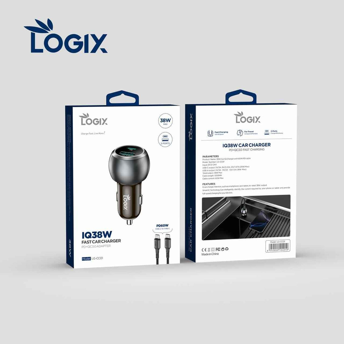 شاحن سيارة سريع مزدوج المخرج Logix IQ38W مع كابل Type-C إلى Type-C بقدرة 60W (PD + QC3.0، 38W كحد أقصى) | لون رمادي معدني