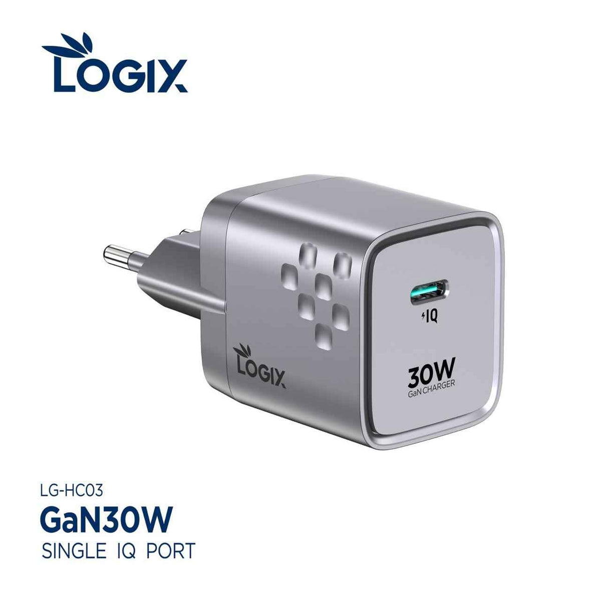 شاحن جداري سريع 30 واط Logix LG-HC03 بتقنية GaN مع منفذ IQ واحد (محول طاقة مدمج بالجيل التالي) | رمادي فضائي