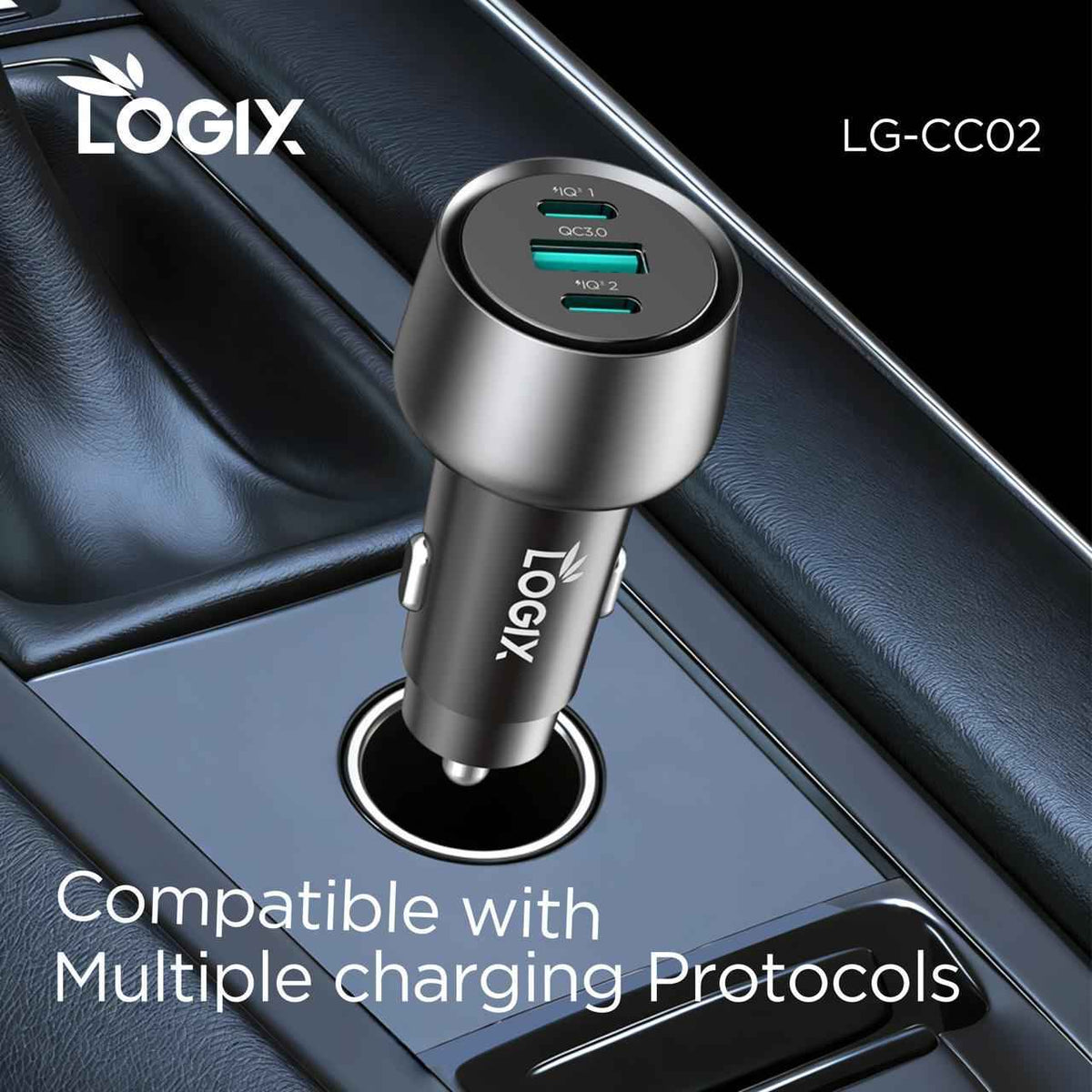 شاحن سيارة سريع ثلاثي المنافذ Logix LG-CC02 (منافذ IQ مزدوجة + QC3.0، شحن سريع متعدد البروتوكولات) | لون معدني رمادي