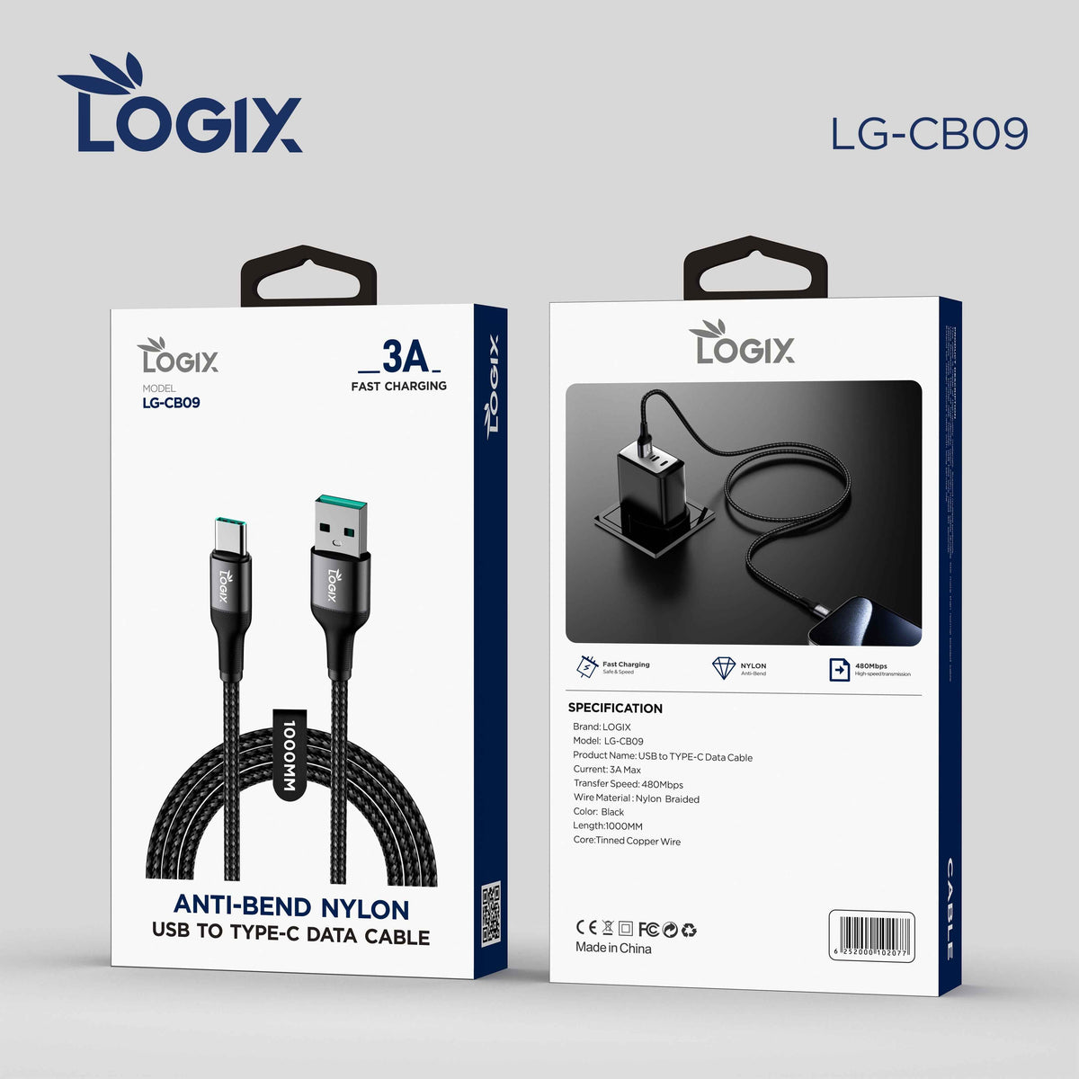 كابل بيانات Logix LG-CB09 سريع بأسلوب توصيل USB-C إلى Type-C 3A