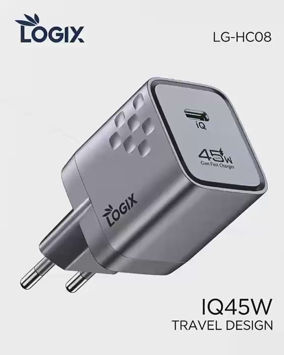 شاحن سريع 45 واط GaN Logix LG-HC08 بمنفذ IQ واحد بتقنية جاليوم نيتريد الحديثة وإدارة درجة الحرارة ActiveShield 2.0 | رمادي الفضاء
